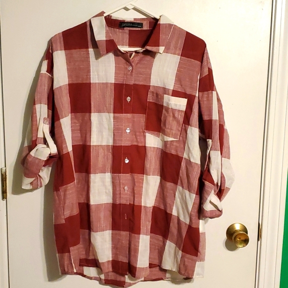 ZanZea women's XXXL (3X) red & white plaid button down collared shirt - Picture 1 of 6